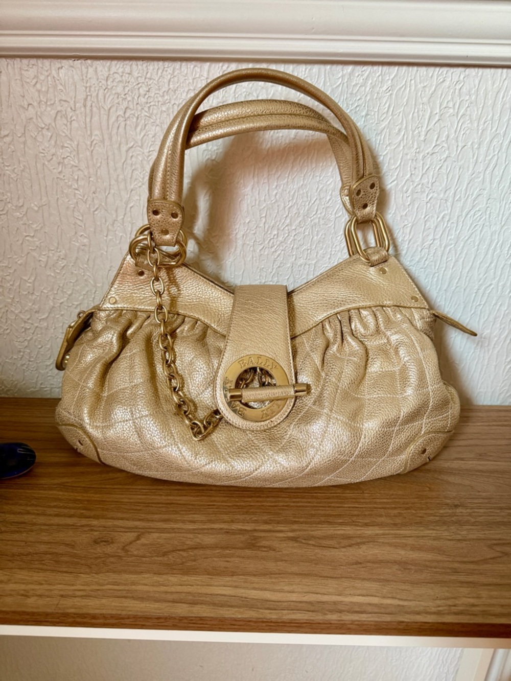 Bally Metallic Gold Quilted Shoulder Bag with Chain Detail